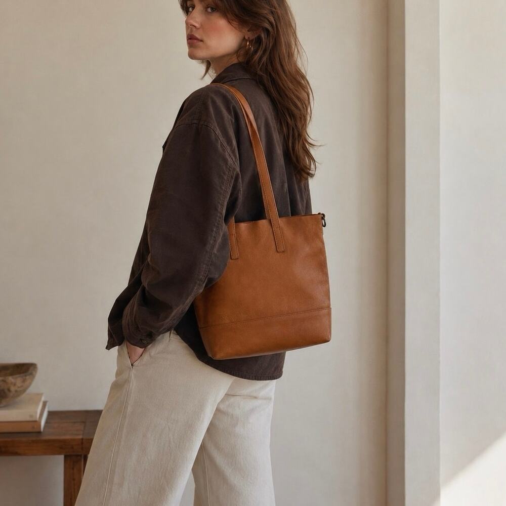 ABLE Mexico Minimalist Tan Soft Leather Tote Hobo Bag Scandi Girl